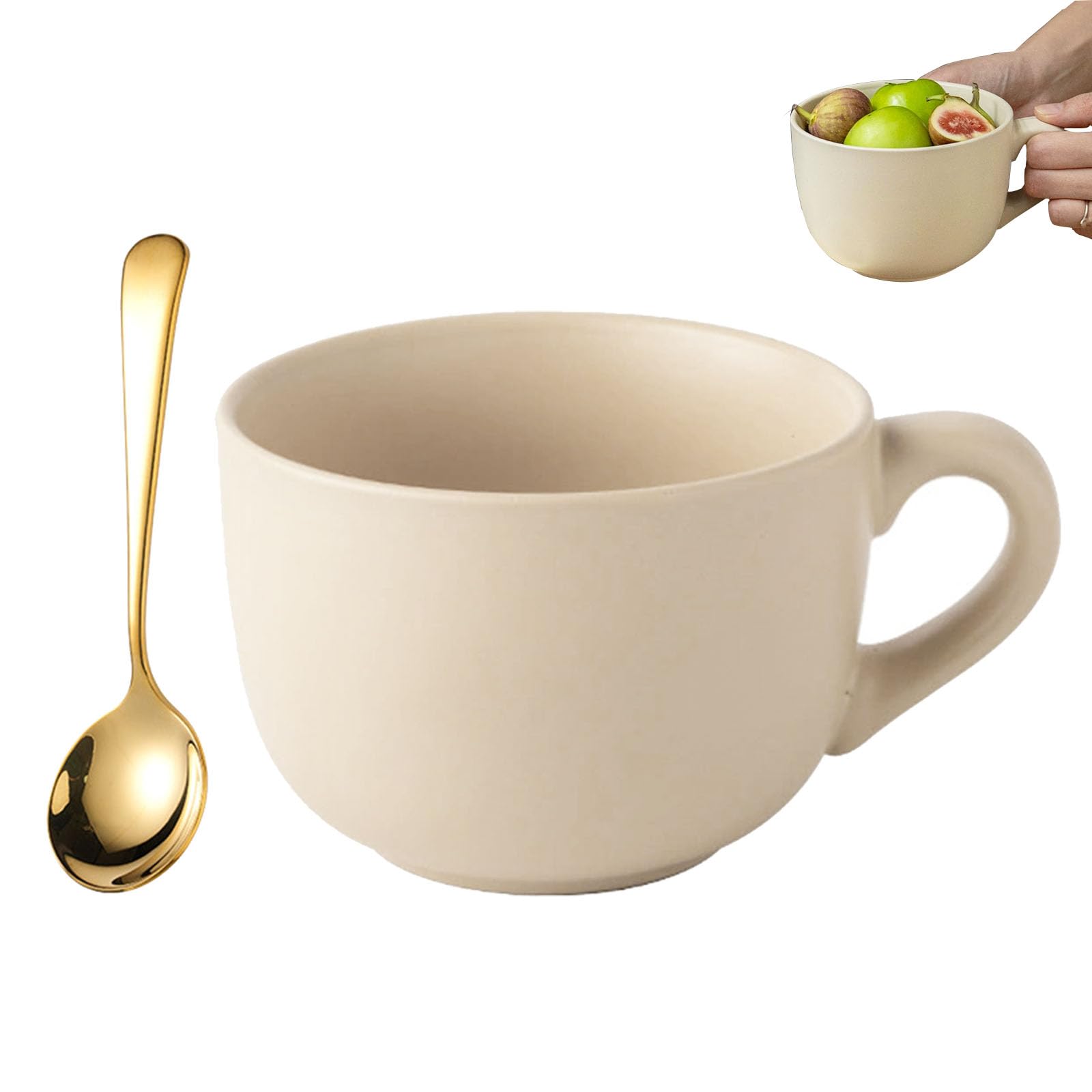 Groß Tasse Müslischalen mit Henke, 800ml Kaffeetass Groß Keramik, Kaffeetass großs Keramik mit Löffee, Suppenschüssel mit Henkel, für Milch, Müsli, Obst, Eiscreme, Hellgelb