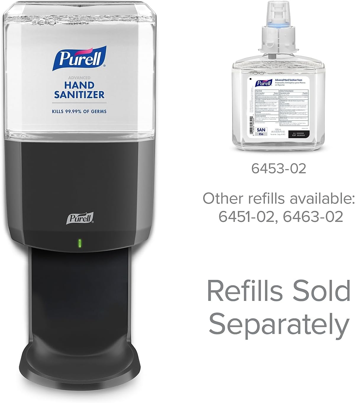 Diagram showing the dimensions of the PURELL ES6 Touch-Free Hand Sanitizer Dispenser: Width 5.51 inches, Height 14.39 inches, Depth 3.88 inches.