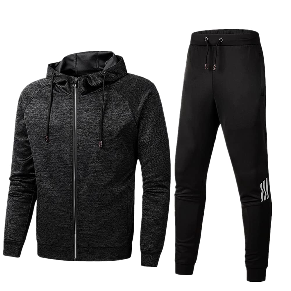 Zestaw dresów dla mężczyzn, zapinana na zamek błyskawiczny, bluza z kapturem, na siłownię, kurtkę i spodnie do joggingu, zestaw 2 sztuk kombinezonów do joggingu, Czarny, 3XL