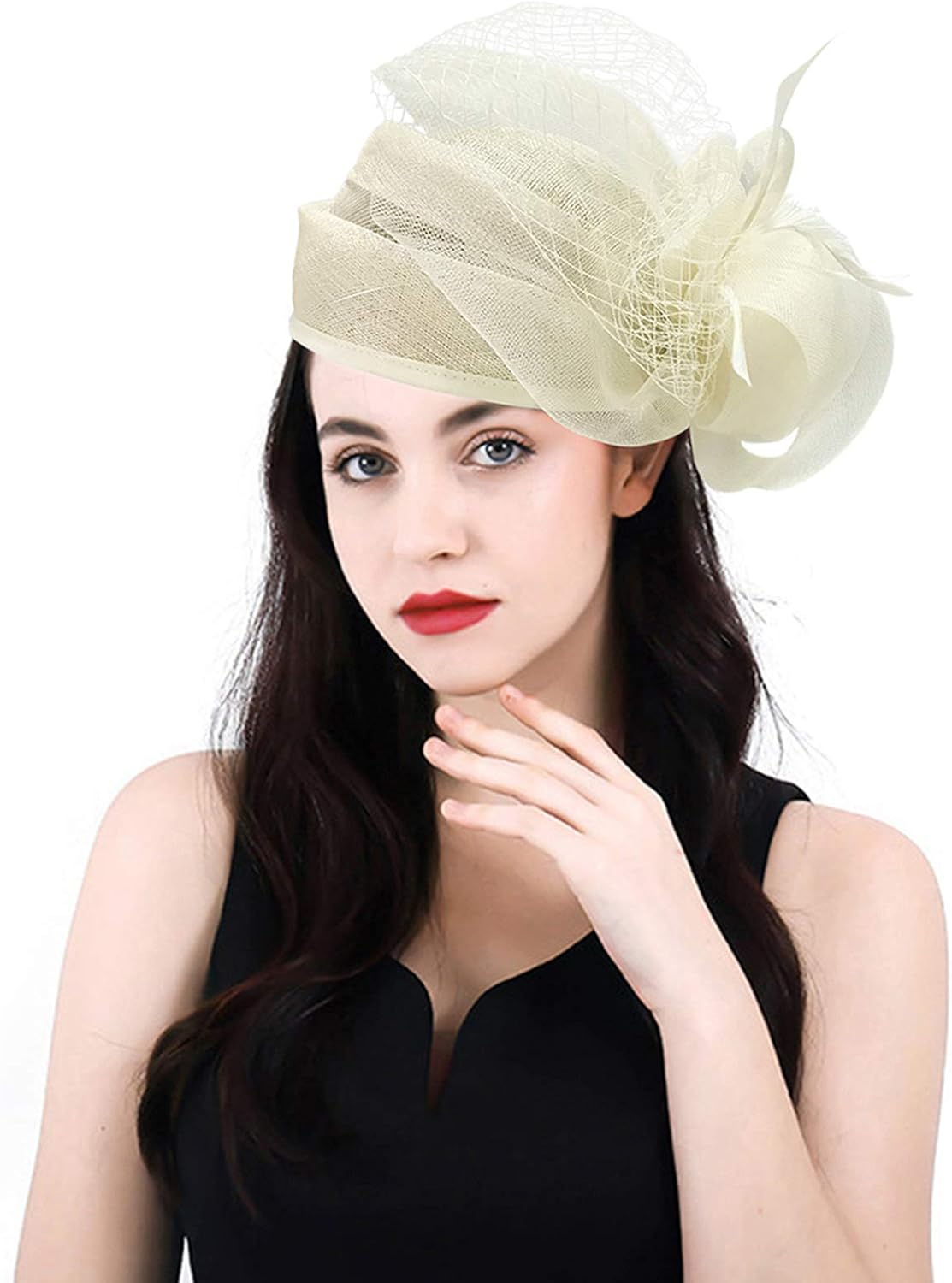 Z&X Sinamay Fascinator Hat Floral Feather Pillbox Derby Hats for Women Wedding Tea Party with Headband Clip - Image 3