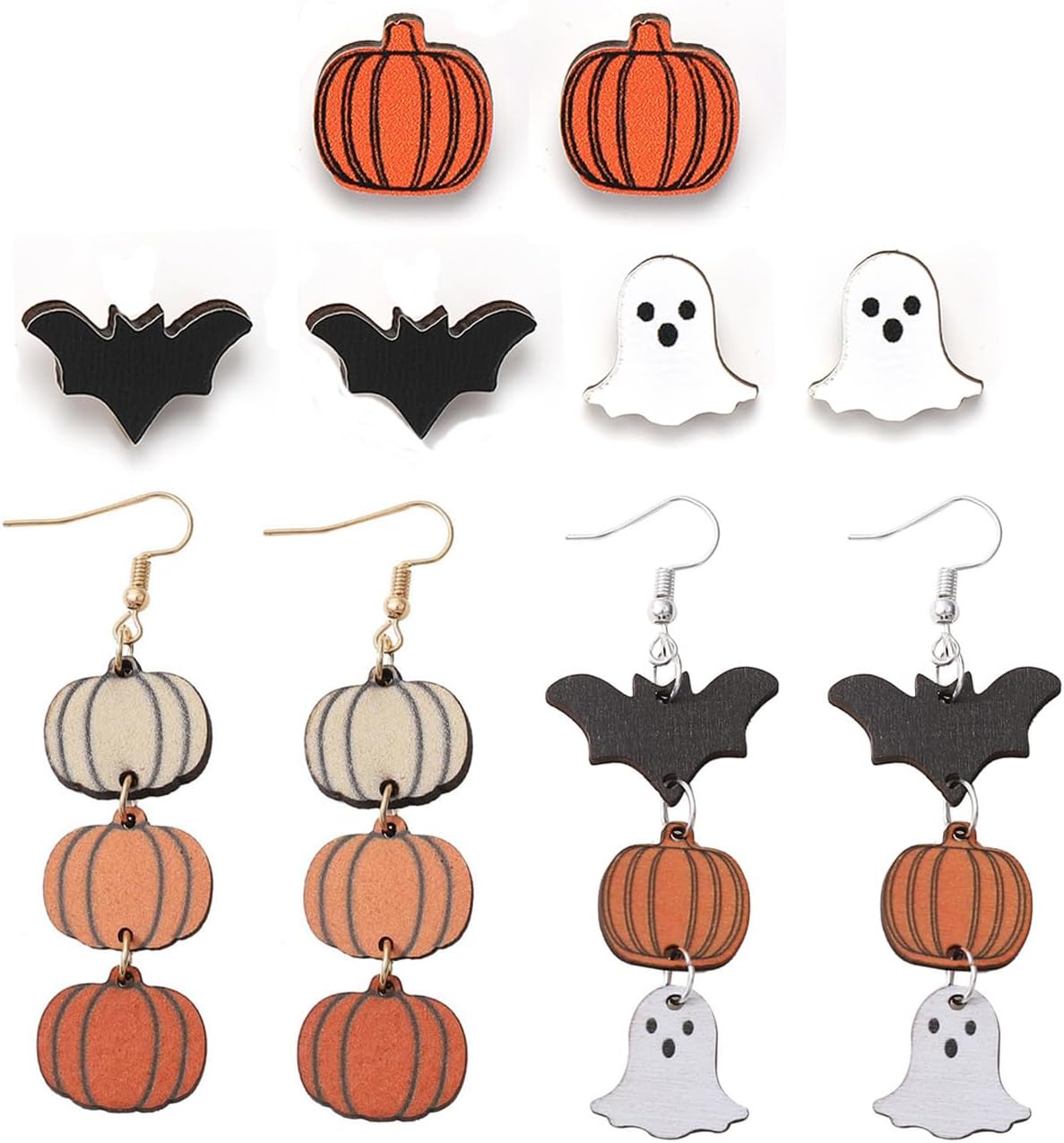 5 Pairs Halloween Earrings for Women Lightweight Wooden Pumpkin Ghost Bat Studs and Spooky Drop Dangle Earrings Holiday Jewelry Set