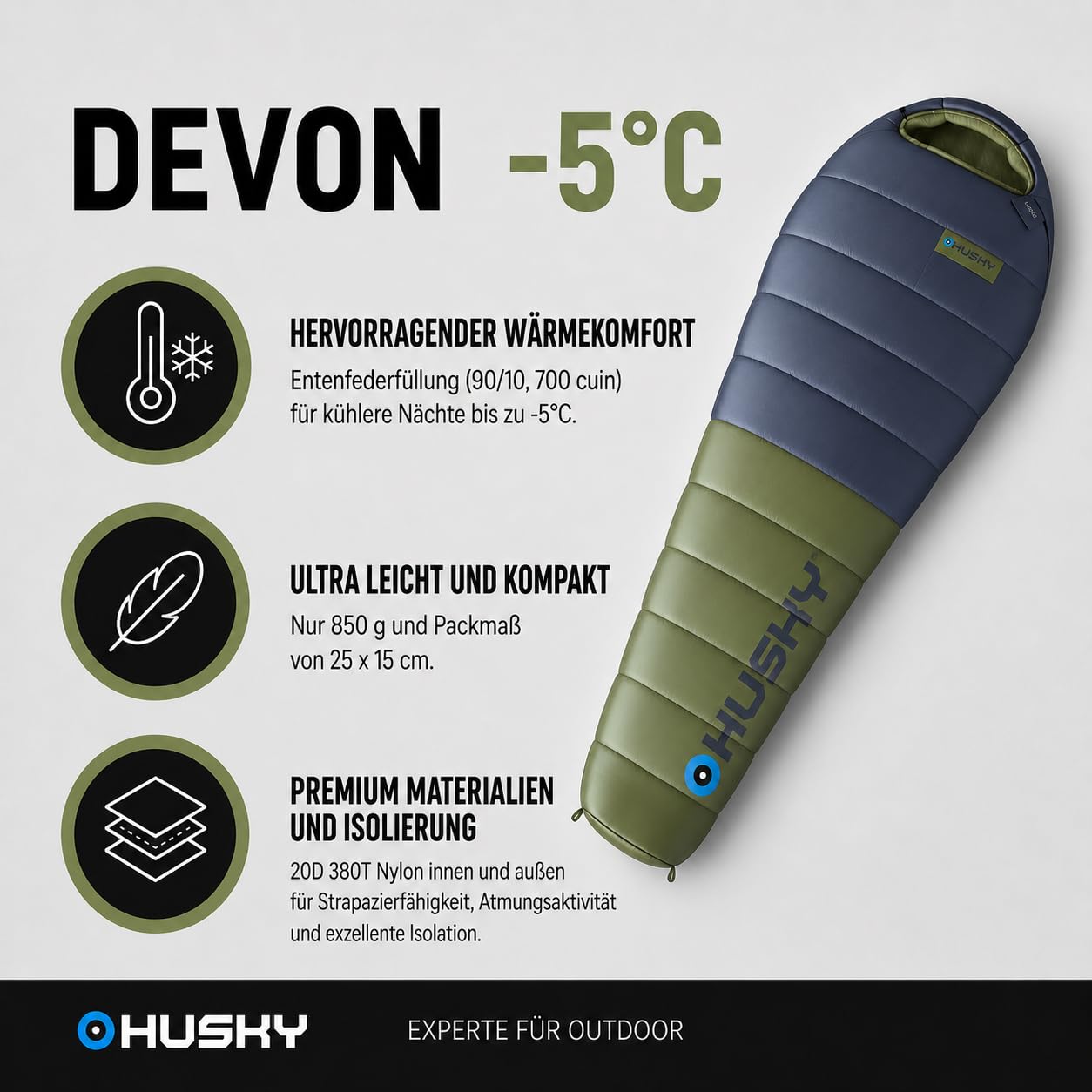 Husky Devon Ultraleicht Schlafsack 2-3 Jahreszeiten bis -5°C, Warmer Sommer Mumienschlafsack für Erwachsene, Sommerschlafsack für Camping, Trekking und Outdoor (Blau/Khaki, 220x85)