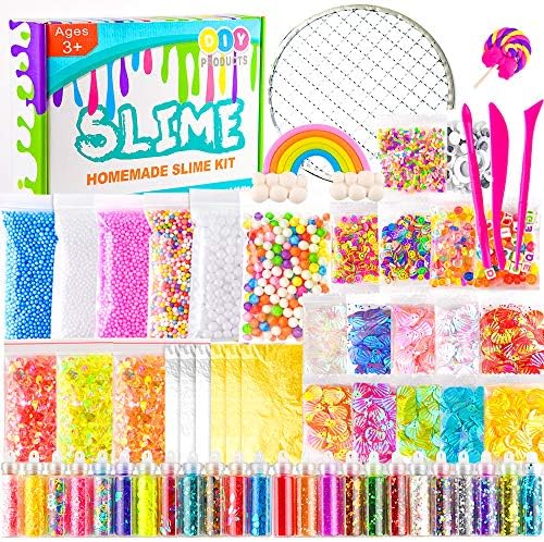 KUUQA 61 Packs Slime Supplies Kit，Including Fishbowl Beads,Sugar Paper, Grid, Googly Eyes, Shell, Slices, Confetti, Slime Foam Beads, Imitation Gold Leaf (Contain No Slime)