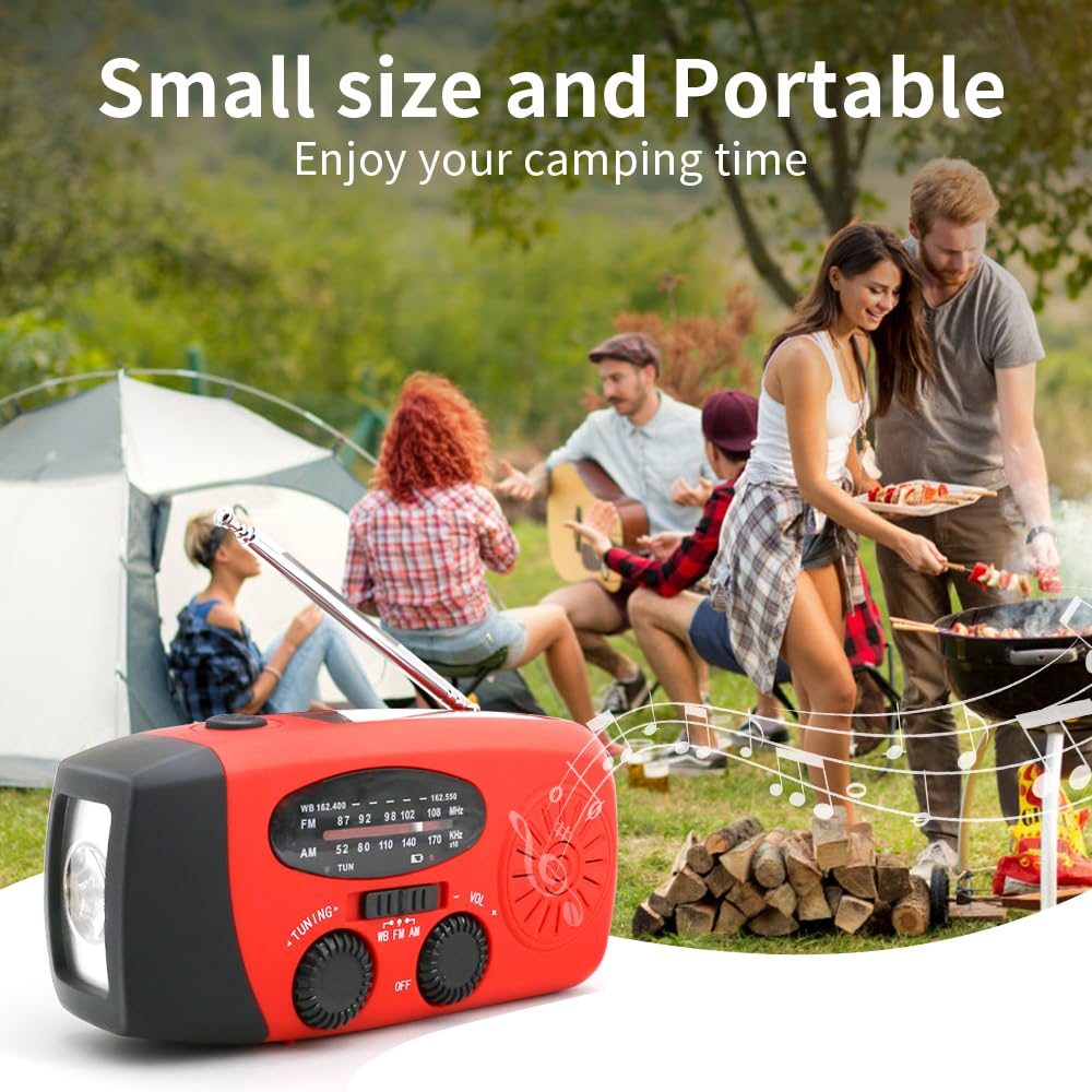 Radio di Emergenza con Manovella e Solare, Powerbank 2000mAh per Cellulare, Torcia LED con Allarme SOS, Radio AM/FM Portatile per Blackout, Tempesta, Campeggio, Escursionismo, Auto e Famiglia