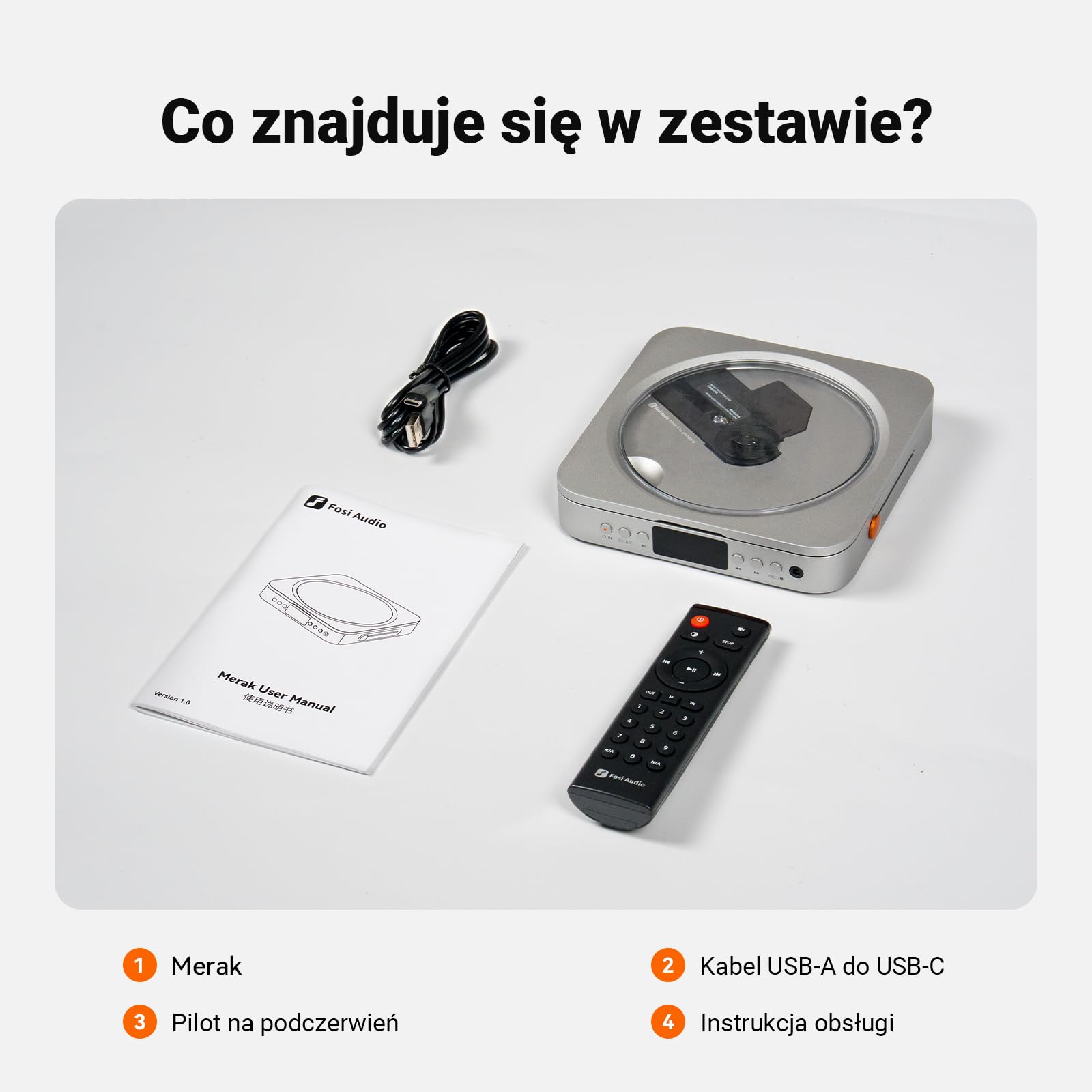 Fosi Audio Merak Odtwarzacz CD Hi-Fi, Stacjonarny Odtwarzacz z DAC CS43131 i Wzmacniaczem TPA6120, Zgrywanie CD na USB, Obsługa CD-R/CD-RW/CDDA, Wyjście Optyczne i Line Out