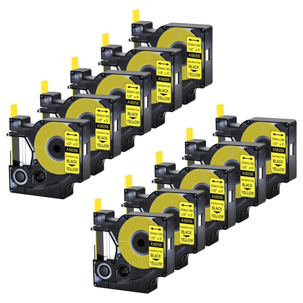 10er-Pack 12-mm-Etikettenband, kompatibel mit Etikettendrucker 4200, Ersatz Kompatibel mit 18056 Schwarz auf Gelb Schrumpfschlauch