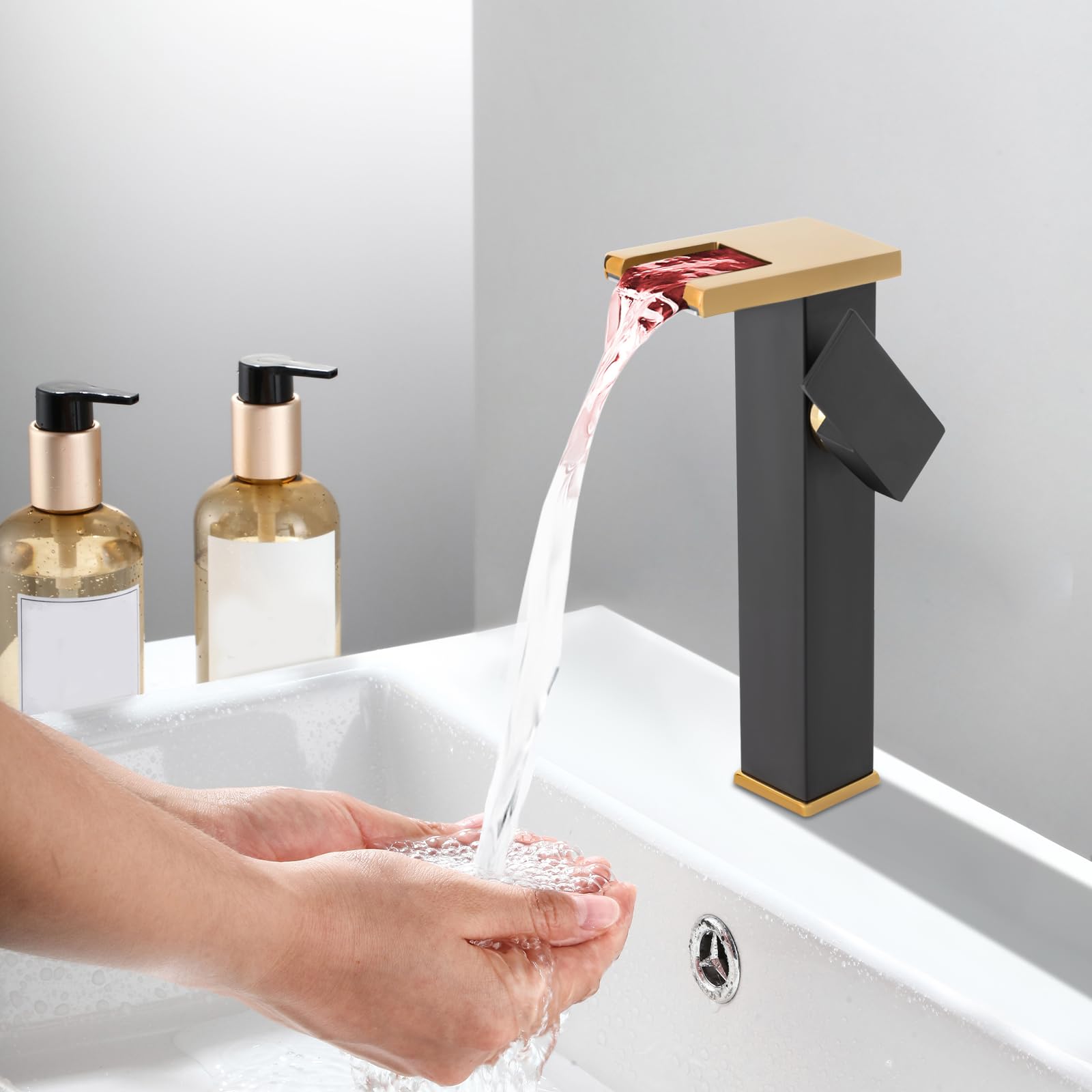 Robinet cascade LED - En acier inoxydable - Avec 2 tubes - Pour mitigeur de salle de bain - Noir et doré