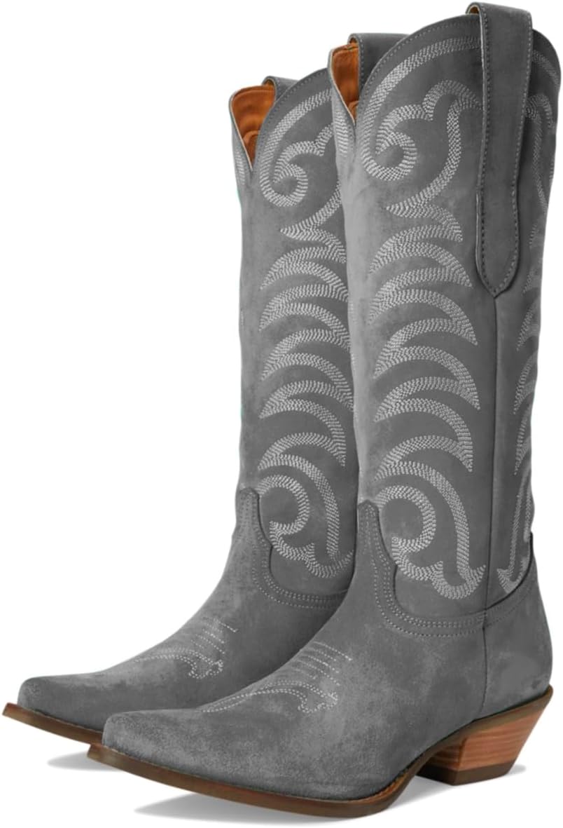 Women Embroidered Suede Western Boots Knee High Low Chunky Stacked Heel Cowboy Boots Wide Calf Fall 4-11 M US