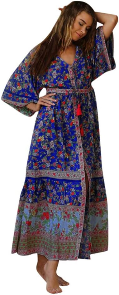 Lmx+3f Fashion Women's Summer Bohemian Printed Waist Sleeveless V-Collar Chiffon Casual Loose Beach Long Dresses