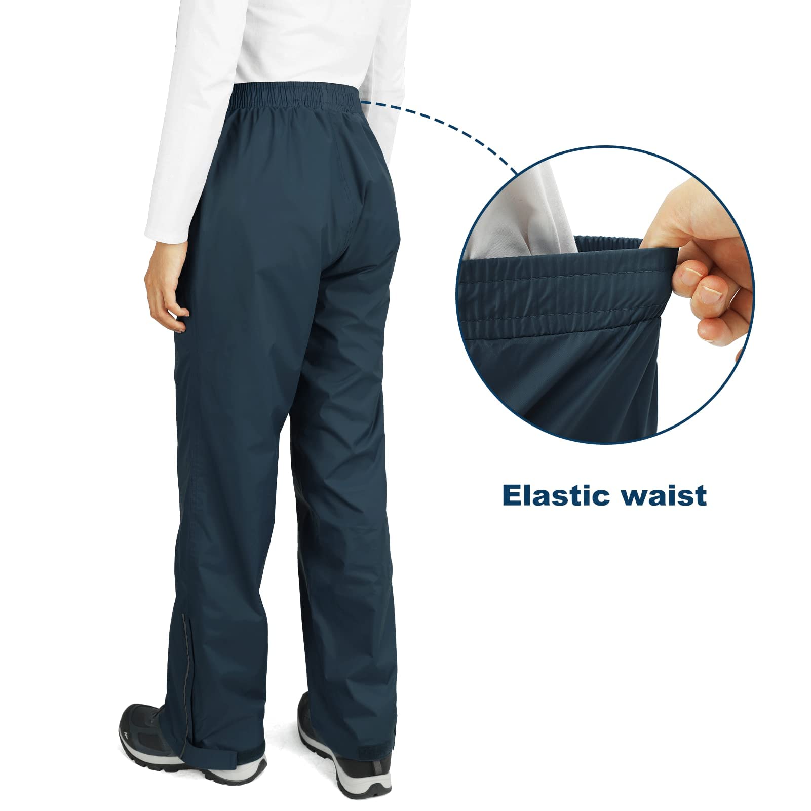 Outdoor Ventures Pantalon de pluie pour femme, imperméable, respirant, doublé, coupe-vent, pliable, pantalon softshell léger pour la randonnée et le vélo, bleu moyen, 34