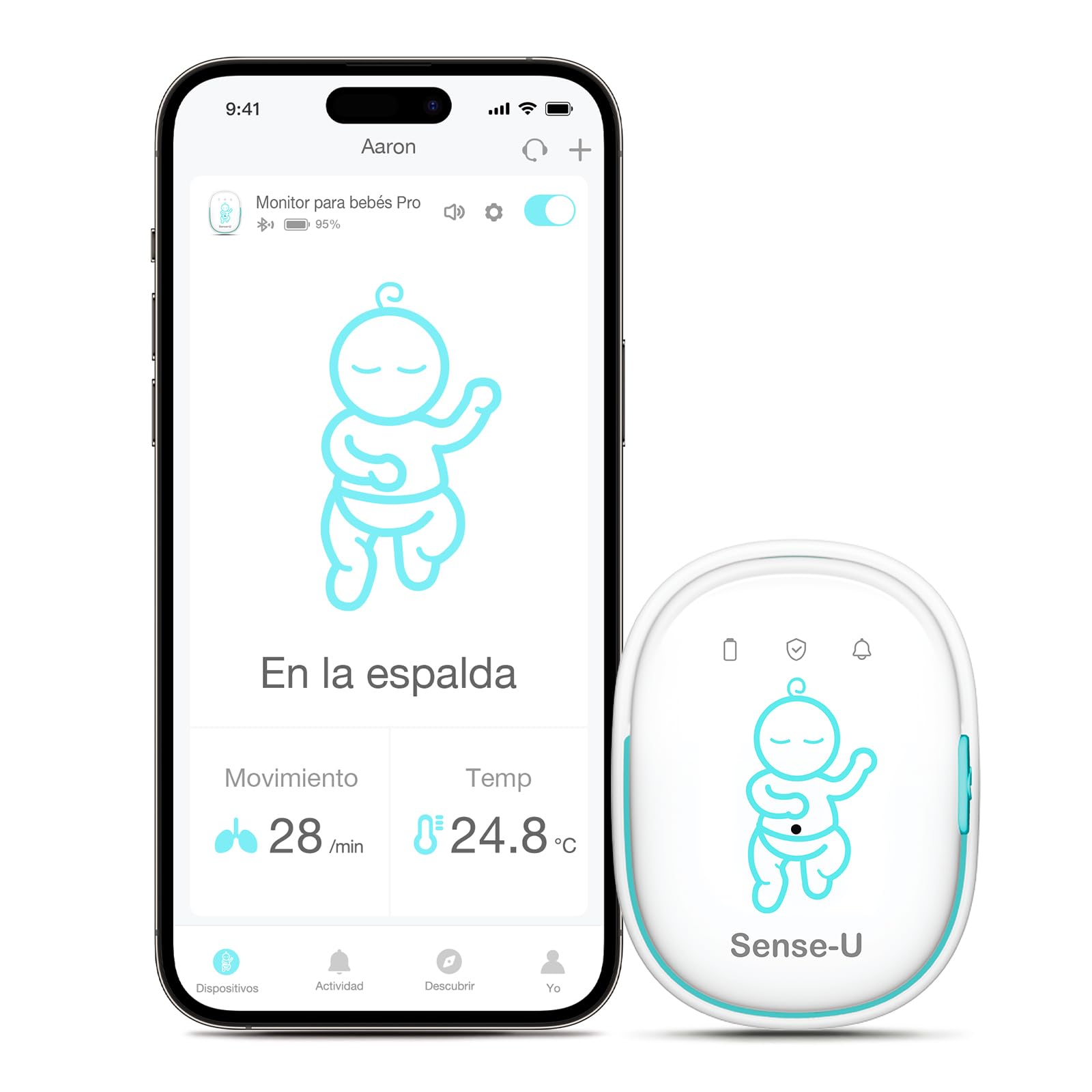 Sense-U Sensores de Monitor de bebé: realiza un Seguimiento del Movimiento Abdominal, la sensación de Temperatura, el Giro y la posición para Dormir de su bebé en los teléfonos Inteligentes