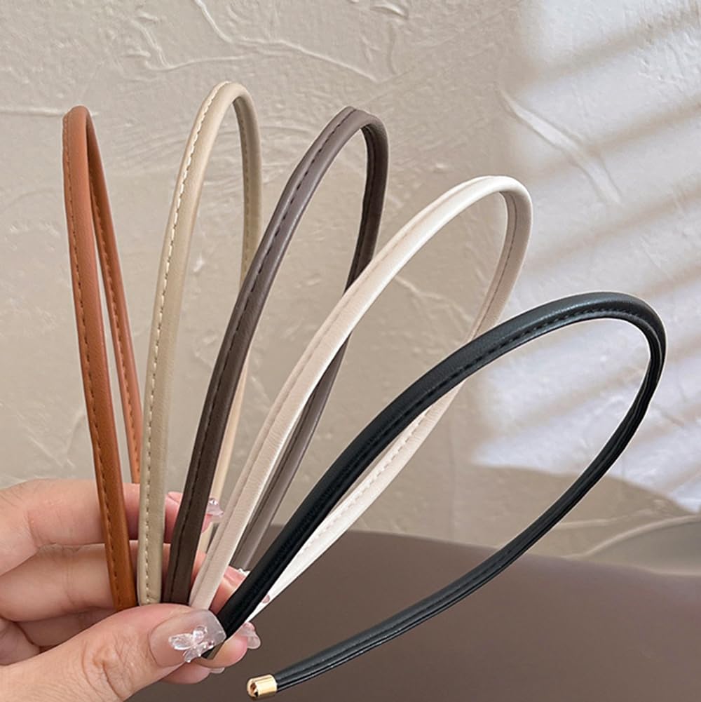 Thin Headband Skinny Leather Headbands for Women, Trendy Comfortable No Headache Headband Non-Slip Hair Accessories for Women Girls 5Pcs (Beige/Brown/Black/White/Tan)