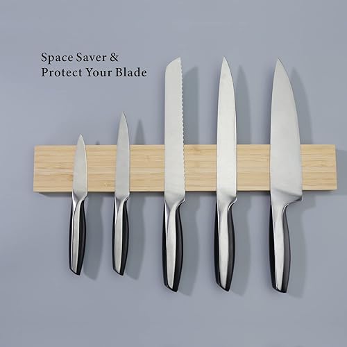 Miniatura 4 de KITCHENDAO Soporte magnético de bambú para cuchillos de pared de 17 pulgadas, barra de tira magnética para cuchillos, imán 50% más fuerte, solución