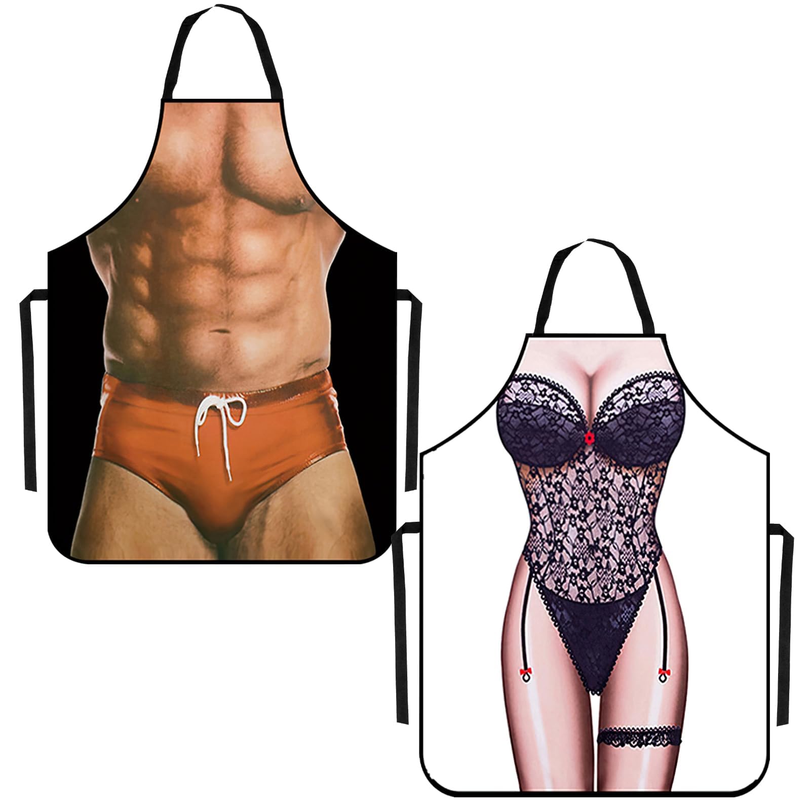 2 Piezas Delantal de Cocina Divertido para Pareja, Sexy Funny Delantales Graciosos para Barbacoa Fiesta Cosplay, 3D Hombre Músculo y Mujer Sexy Cooking Delantal para Regalo