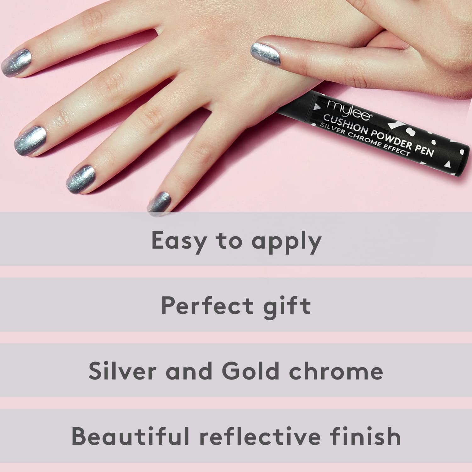 Mylee Air Cushion Chrome Powder Pen Silver Holographic Nail Powder  Decoration, Shiny Metallic Mirror Effect Long Lasting, DIY Nail Art,  Manicure