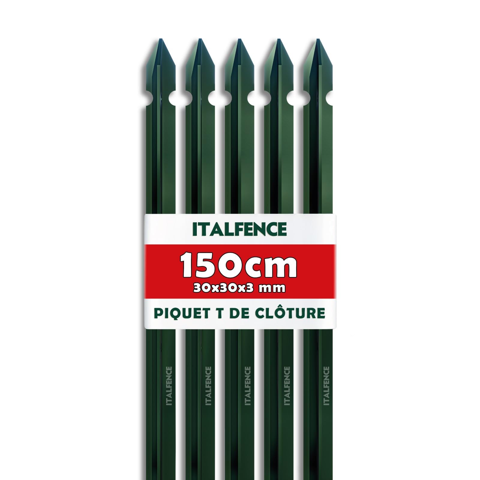 Piquet T H150cm 30x30x3mm pour clôture en fer plastifié vert [5 pièces]