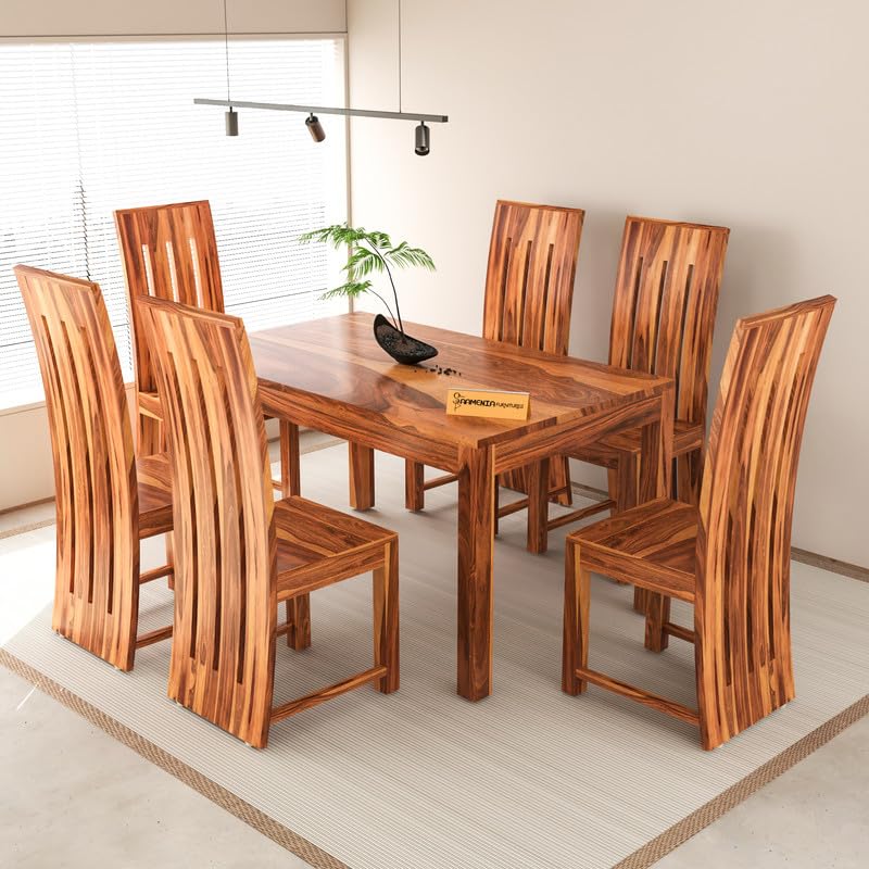 Image of Solid Sheesham Wood Dining Room Sets 6 Seater Dining Table with 6 Chairs for Dining Room, Living Room, Kitchen, Hotel, Restaurant, Cafeteria (Zinor, Honey)