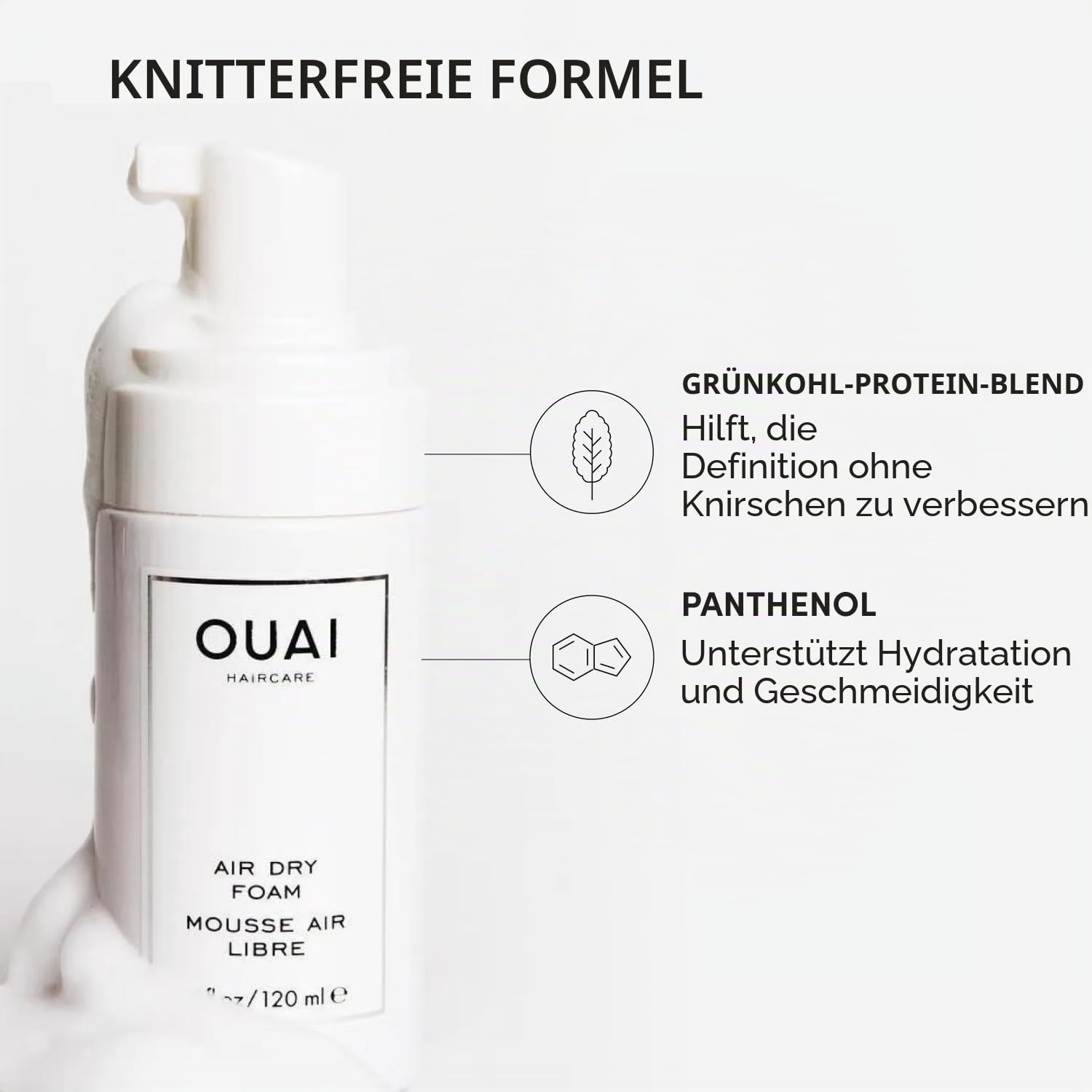 OUAI Air Dry Foam,Waschen und Tragen Mousse für perfekte luftgetrocknete Wellen,Verpackt mit Kohl- und Karottenextrakt zur Pflege, frei von Parabenen, Sulfaten und Phthalaten. 120 ml