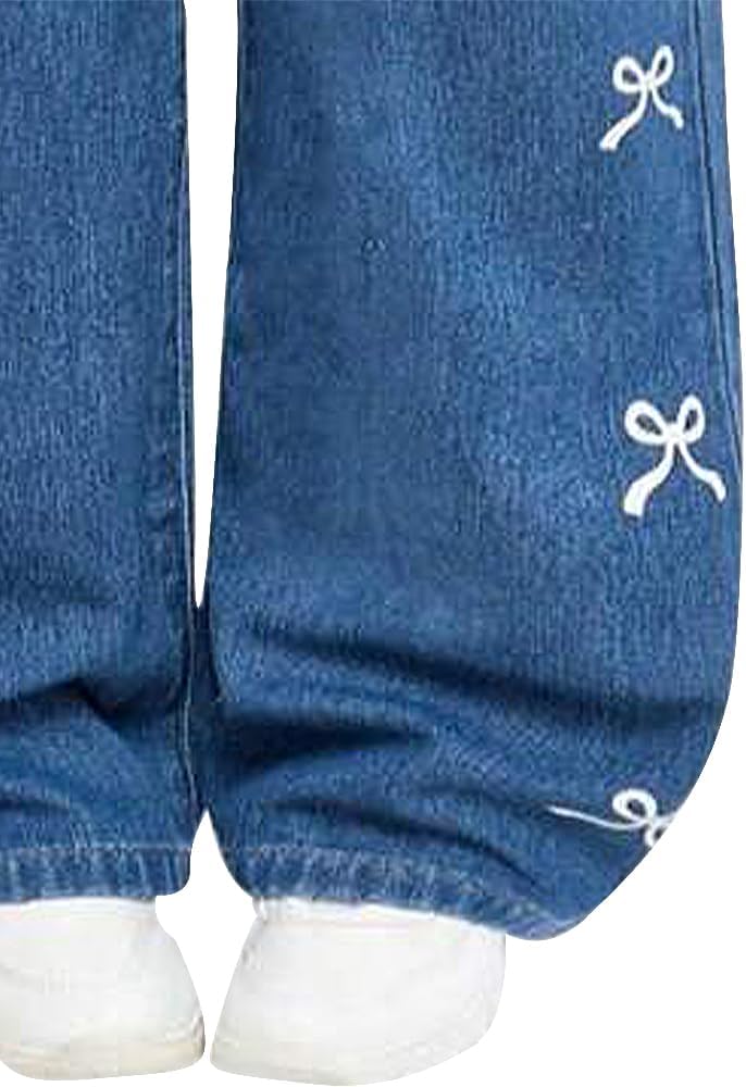 Nivne Tco Girls Baggy Jeans, Bow Embroidered Wide Leg Pants for Girls, Casual Loose Fit Elastic Waist Denim Pants - Image 5