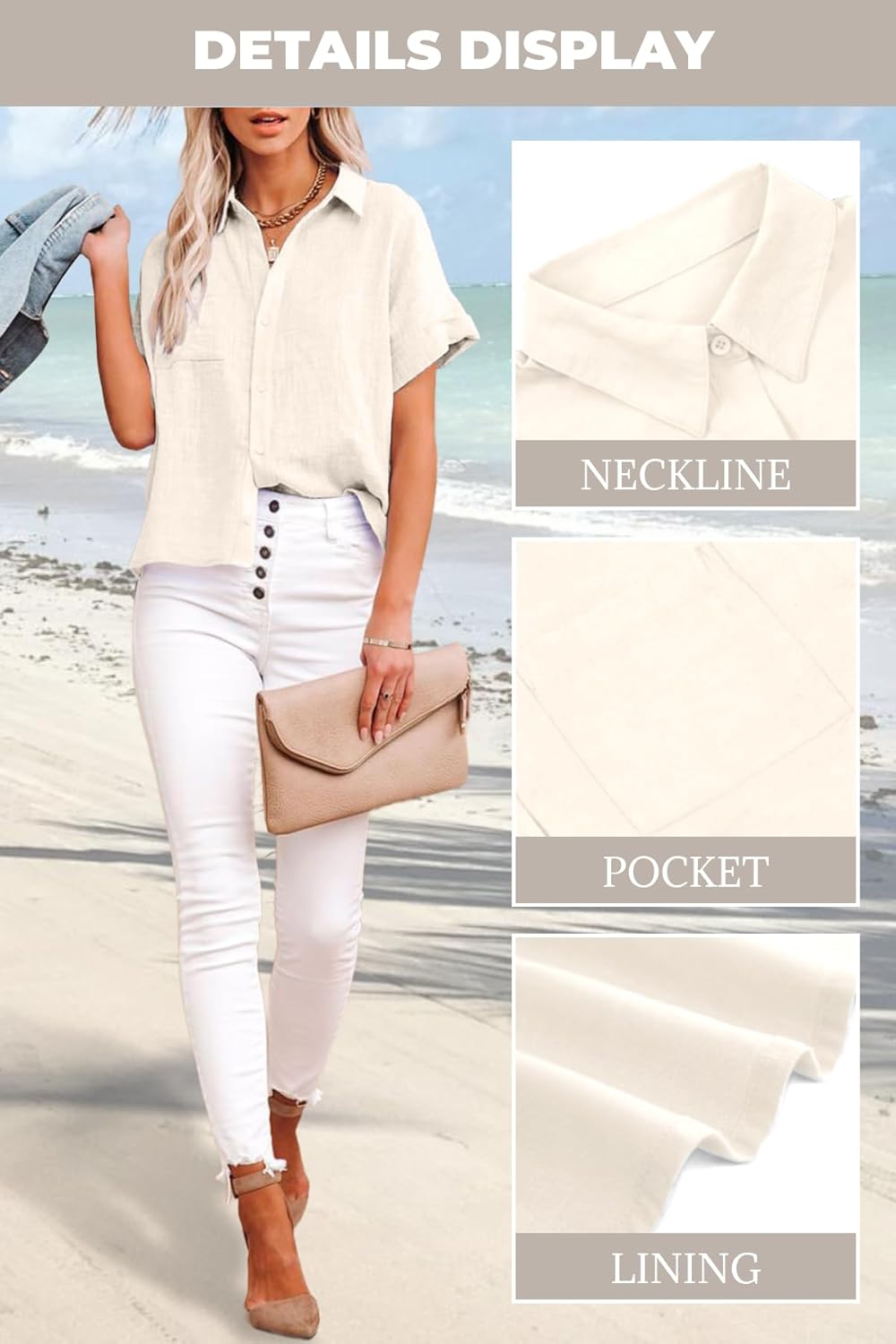 Womens Cotton Linen Button Down Shirts Short Sleeve Dress Shirts Casual Summer Tops Blouses with Pockets - Image 5