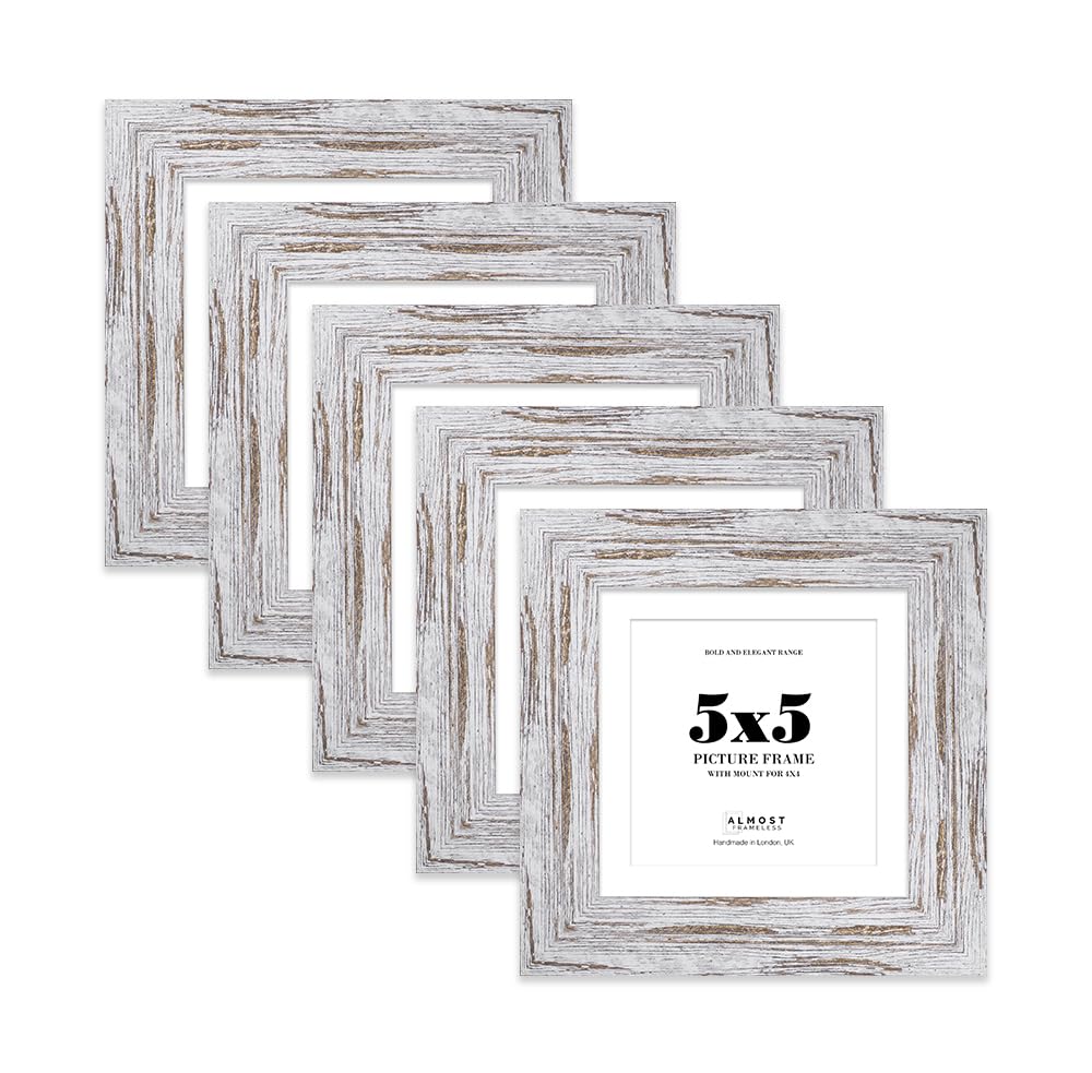 5x5" Distressed Wood Square Frame With Mount for 4x4" Pictures 28mm Edge Frame Display with Wall Hooks and Kickstand, 5 Pack