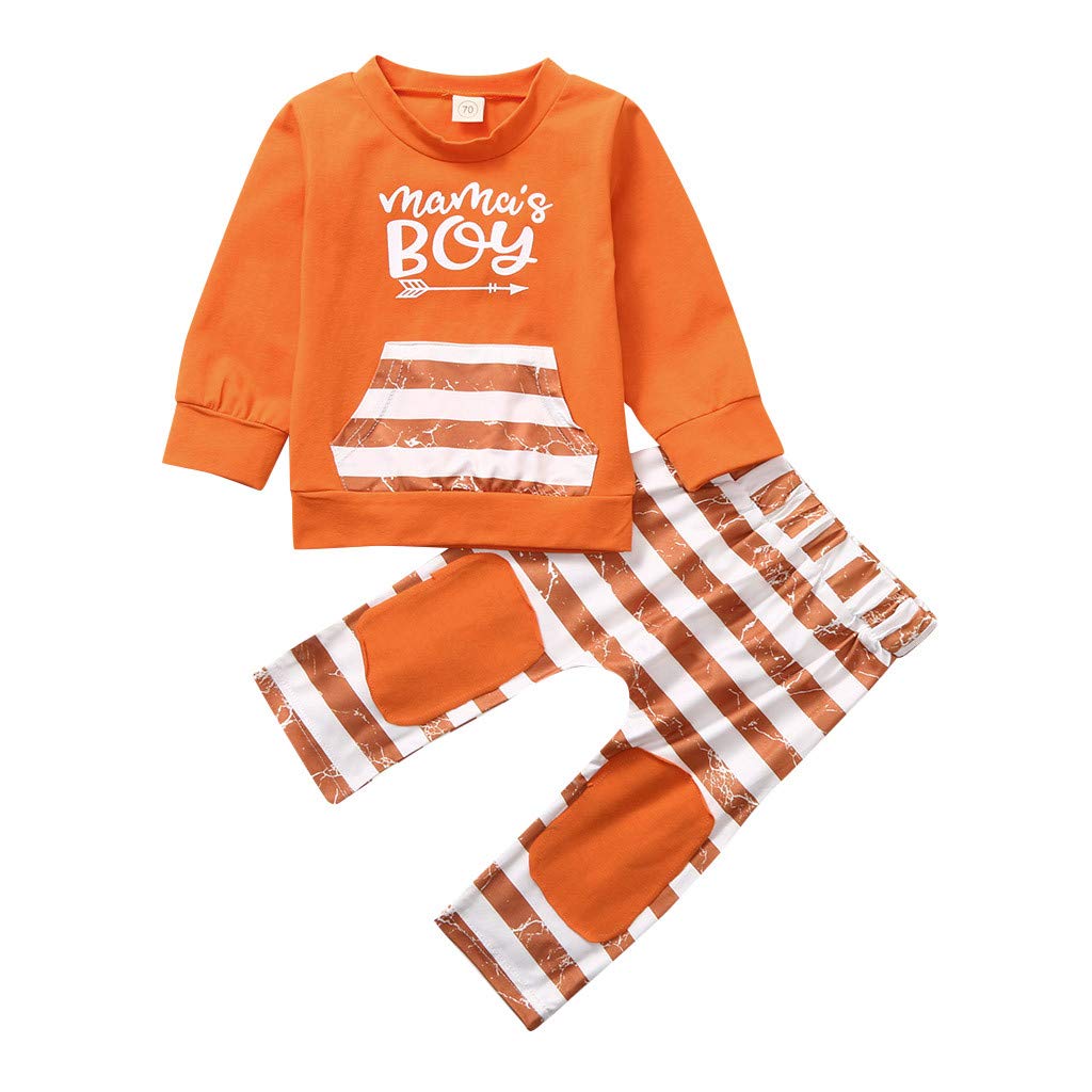 0-24M Baby Orange Sweatshirt Pants Set Tracksuit, Smilvy Infant Newborn Letter T-Shirt+Striped Pants