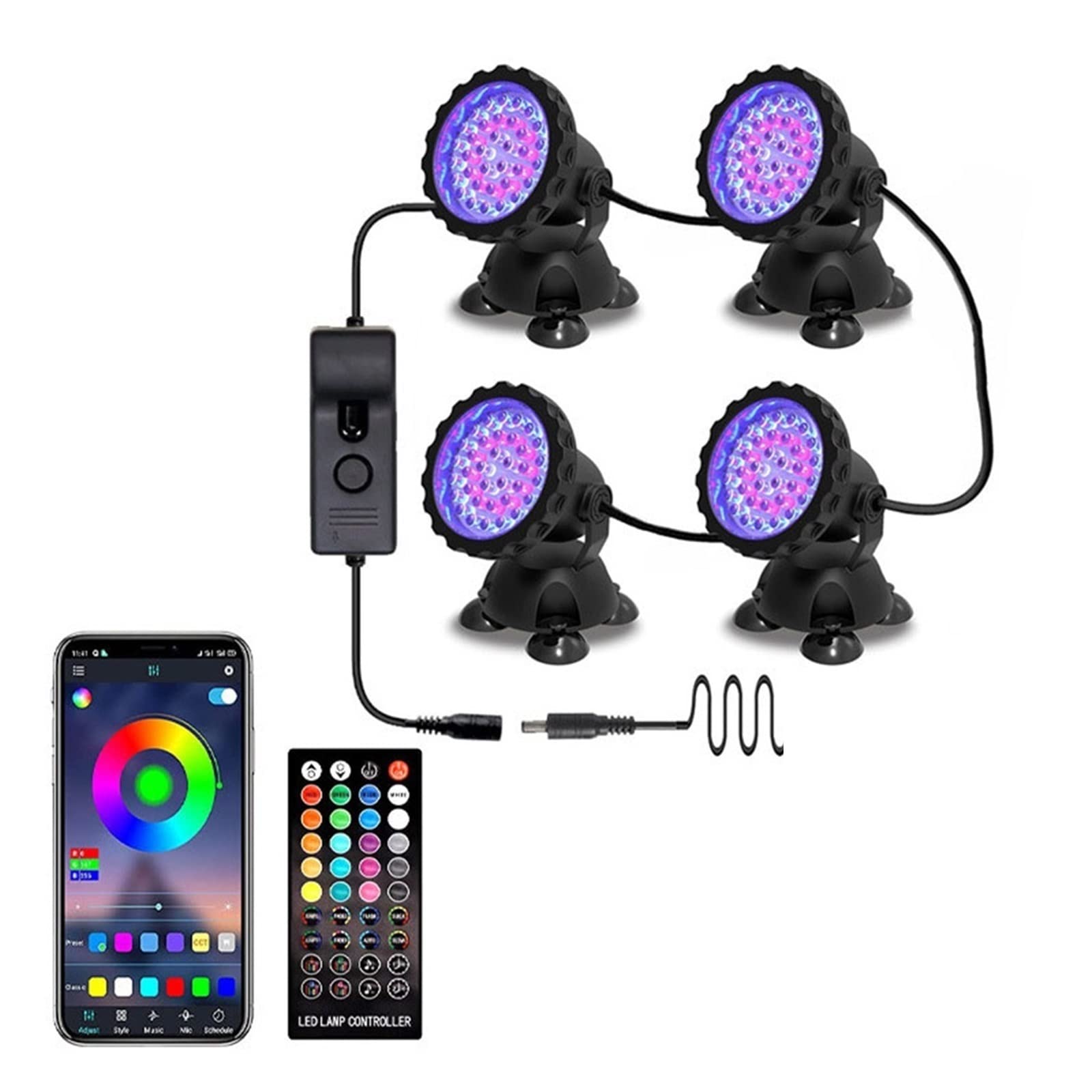 Foco de piscina RGB con Control Bluetooth, lámpara subacuática, foco estanque buceo, paisaje impermeable 36LED for jardín Resistentes Al Agua Seguras(4Lamp 1Controller)