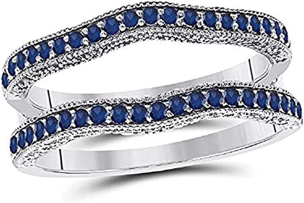 Round Cut Created Blue Sapphire Anniversary Milgrain Enhancer Guard Wedding Band Ring for Women 14K White Gold Plated 925 Sterling Silver