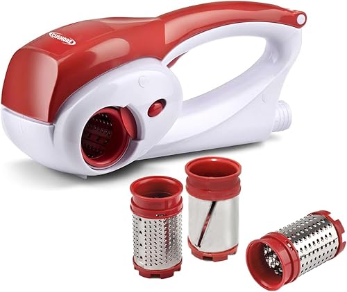 Rallador eléctrico de queso duro, modelo CES03D, rojo, acero inoxidable, automático, inalámbrico, 3 cuchillas intercambiables, fácil de limpiar