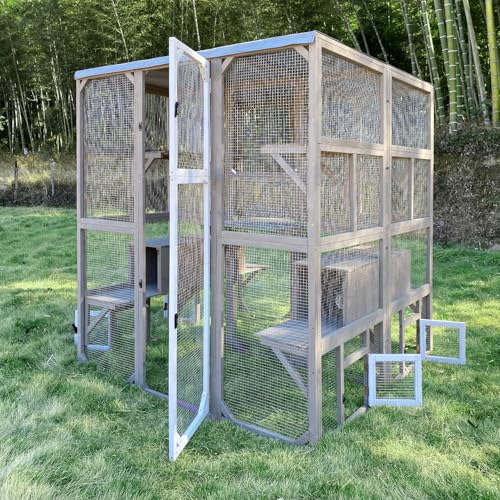 Outdoor Catio Cat Enclosure, Large Cat House with Multi-Level Platforms, Waterproof Roof, and Pull-Out Tray Double (59" L x 59" W x 67.7" H) 59"L x 59