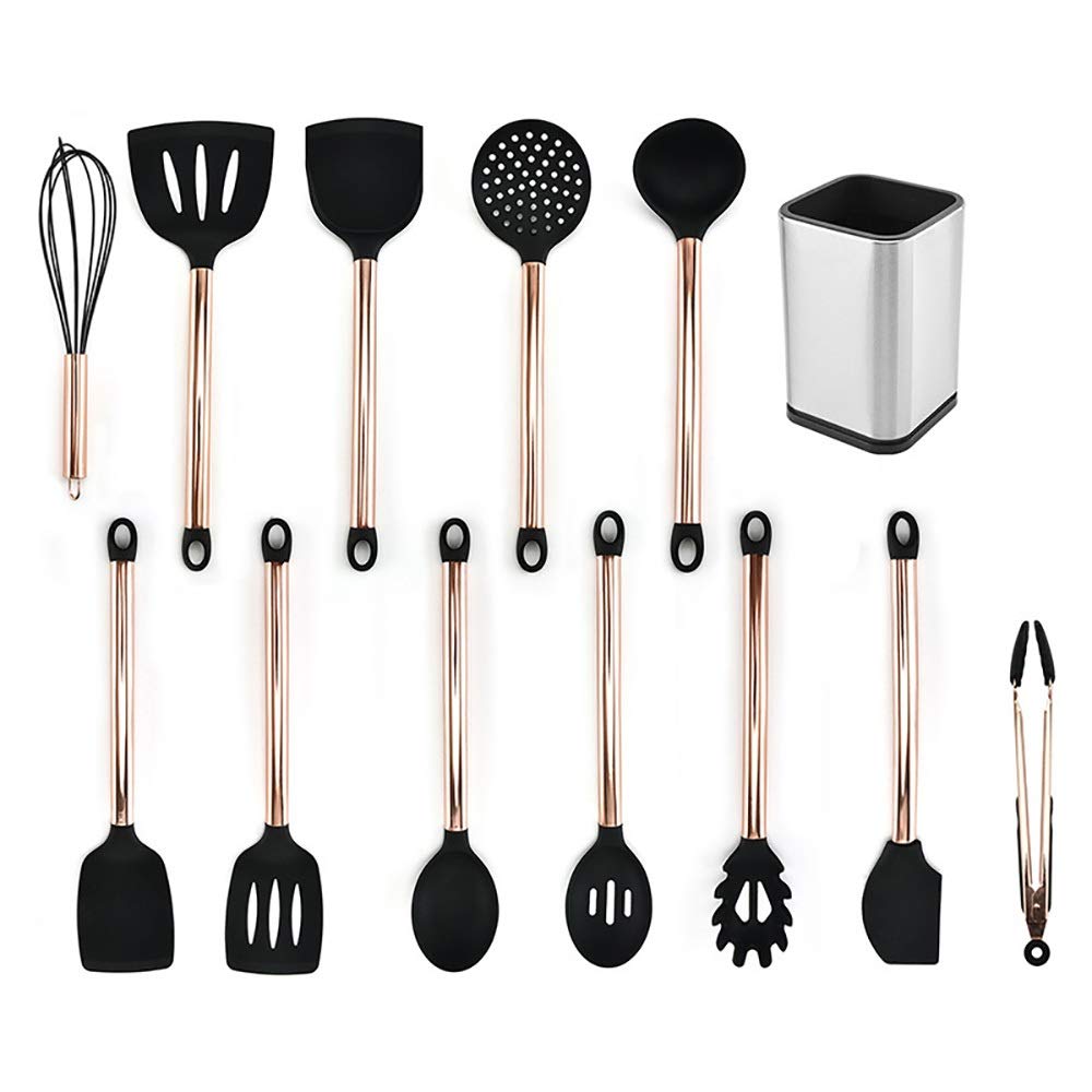 WanuigHSilicone Kitchen Utensils 13pcs Copper Plated Handle Non-stick Pan Silicone Kitchen Utensils Cooking Cookware (Color : Black, Size : 13pcs)
