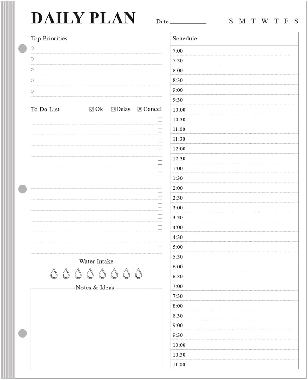 (2-Pack) Undated Daily Planner Refill - A4 Planner Inserts, 200 Sheets/400 Pages Planner and Lined Refill, 3 Hole Punched To Do List Refills, 100 gsm White Paper, 8.5'' x 11''