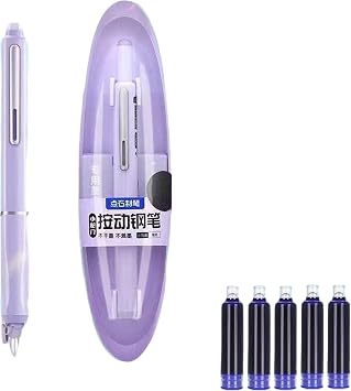 Retractable Fountain Pen Set, 0.38mm Clicktech Pen with 5 Ink Cartridges & Case,Prevent Dry-Out Ergonomic Grip Fountain Pens for Writing Purple, Blue