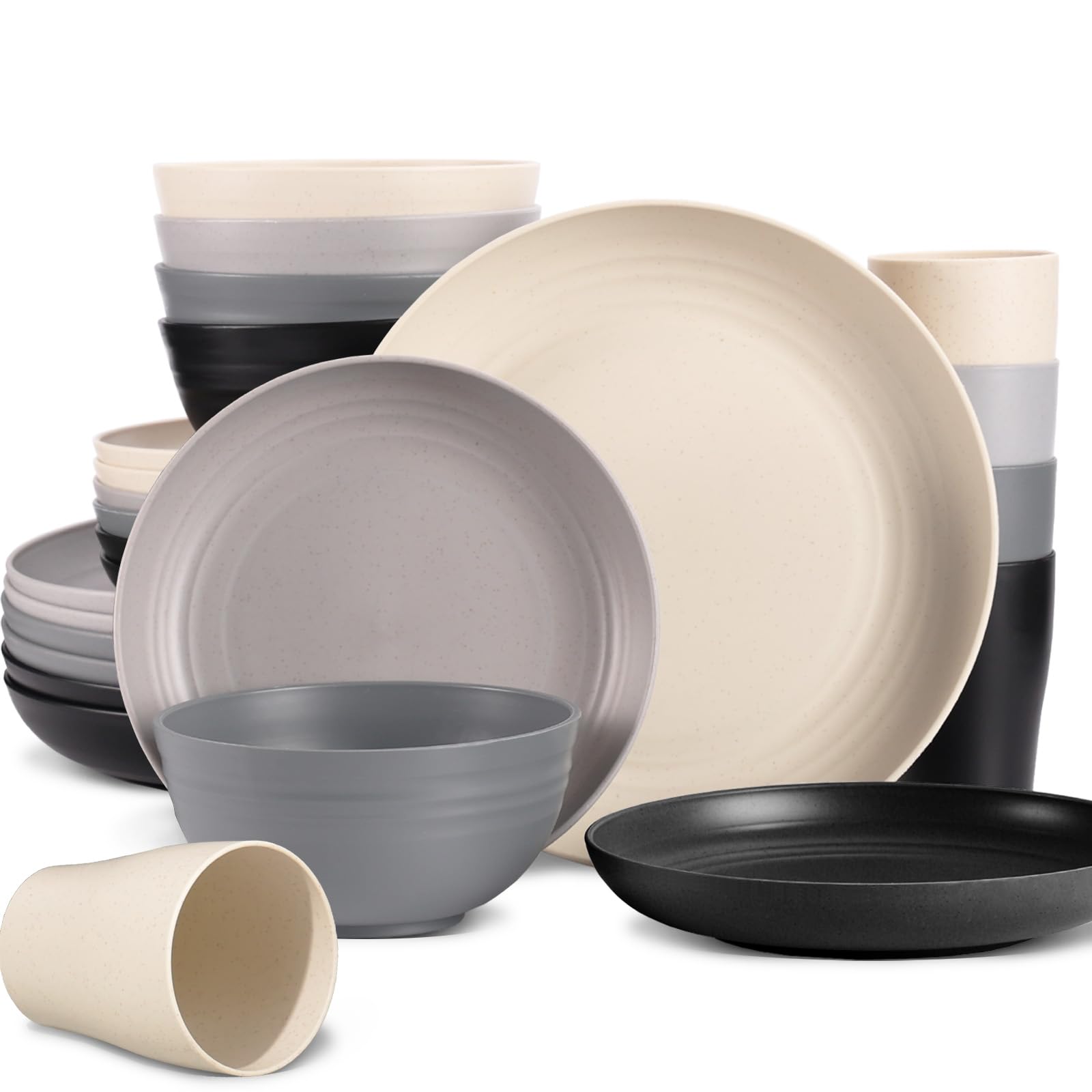 GudvillaWheat Straw Dinnerware Sets, 32PCS Plastic dinnerware Set for 8, Wheat Straw Plates and Bowls sets, Unbreakable Dinnerware Plastic Microwave Safe Dishes Det for Kitchen&Camping