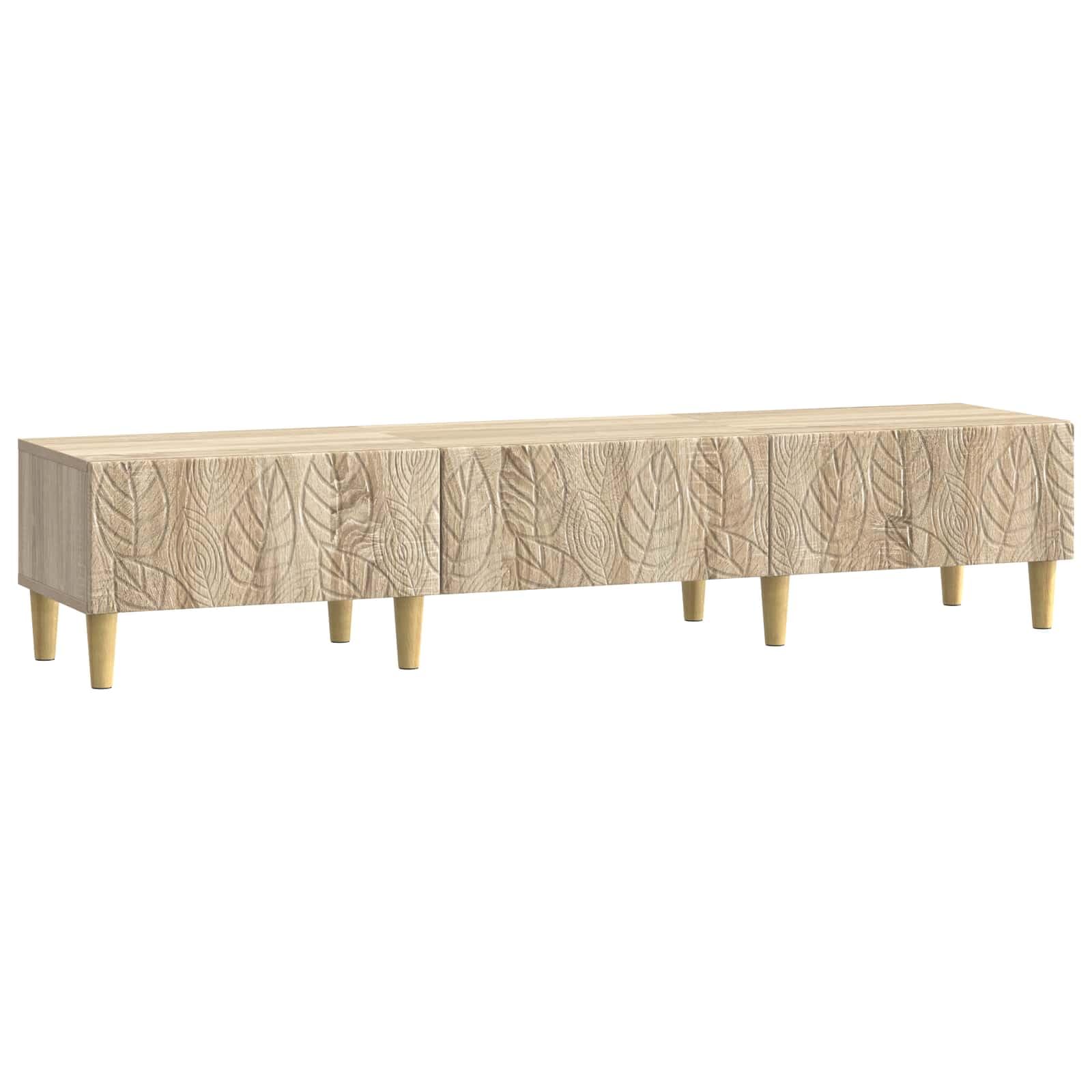 Meuble TV bas en chêne Sonoma 147 cm avec 3 tiroirs et pieds en bois massif pour salon