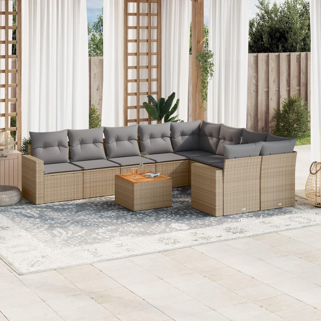 Set Divano da Giardino 10 Pezzi in Rattan PE con Tavolo Beige | Salotto componibile modulare per patio o terrazza con cuscini sfoderabili e piano tavolo in legno di acacia.