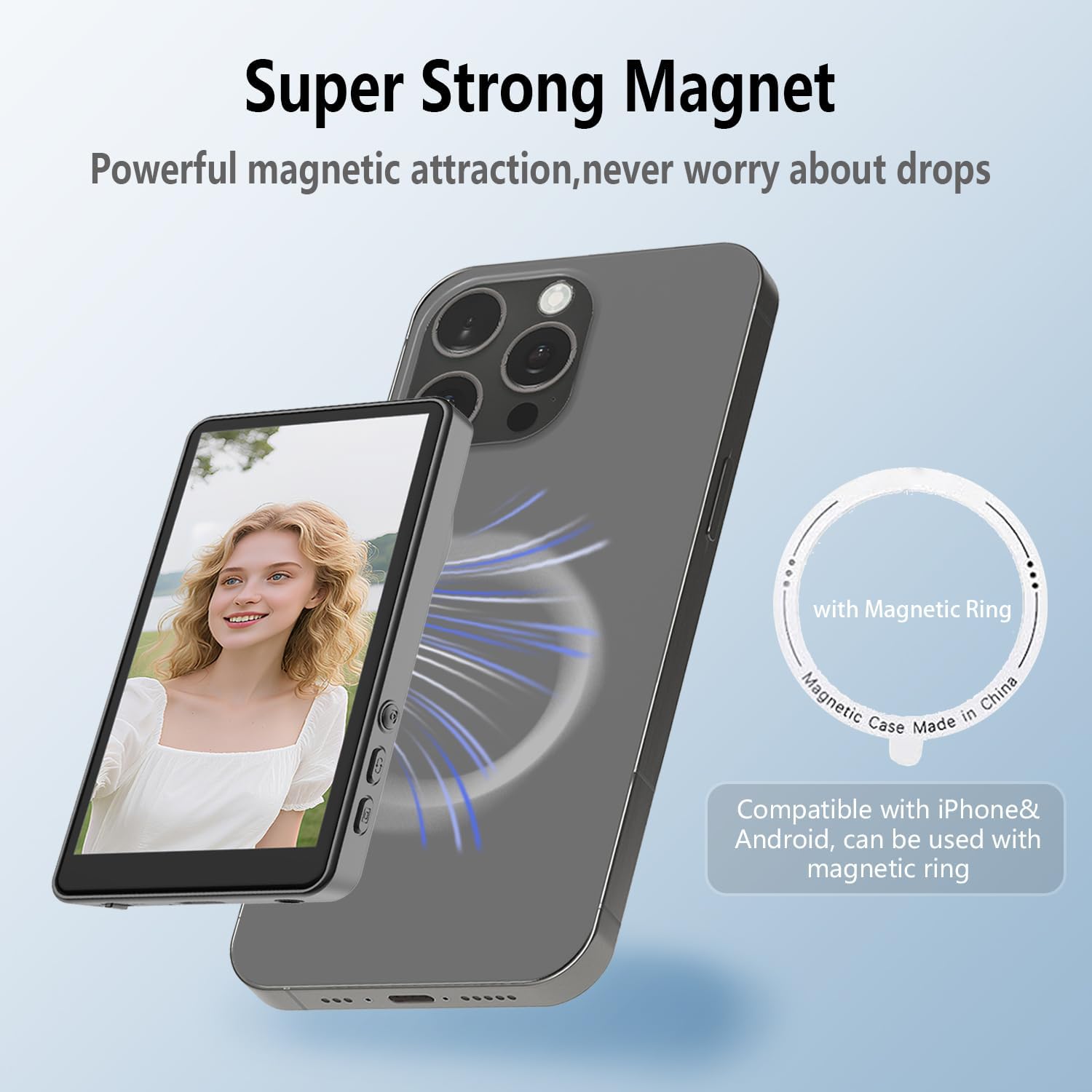 Vlog Selfie Monitor Screen, Wireless Magnetic Screen Mirroring for iPhone & Android, 4K/1080p Back Camera Vlog Monitor with Bluetooth Remote for Live Stream/TikTok & YouTube