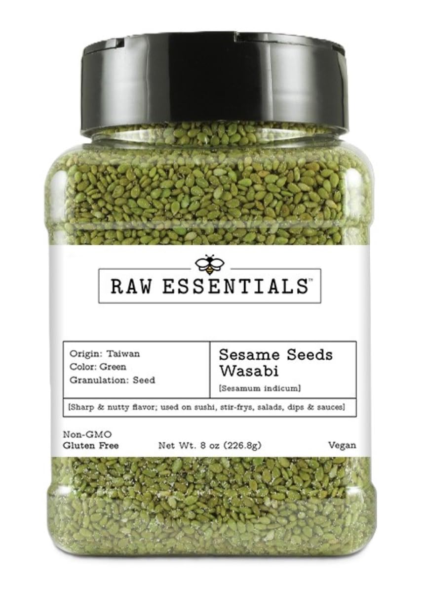 Raw Essentials Wasabi Sesame Seeds, 8 Ounce Bottle | Bold, Nutty Flavor with a Spicy Kick, For Sushi, Stir-Fries, Salads, Non-GMO, Vegan, Gluten Free