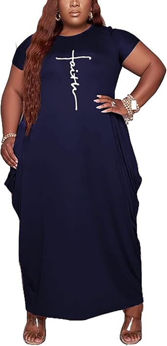 Womens Summer Plus Size Short Sleeved Long Dress Casual Loose Faith Beach Maxi Dress with Pockets