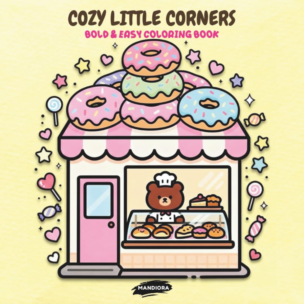 Cozy Little Corners: A Bold & Easy Coloring Book: 48 Cute Kawaii Designs for Kids, Teens, and Adults featuring Sweet Treats, Tiny Shops, and Relaxing Aesthetic Scenes
