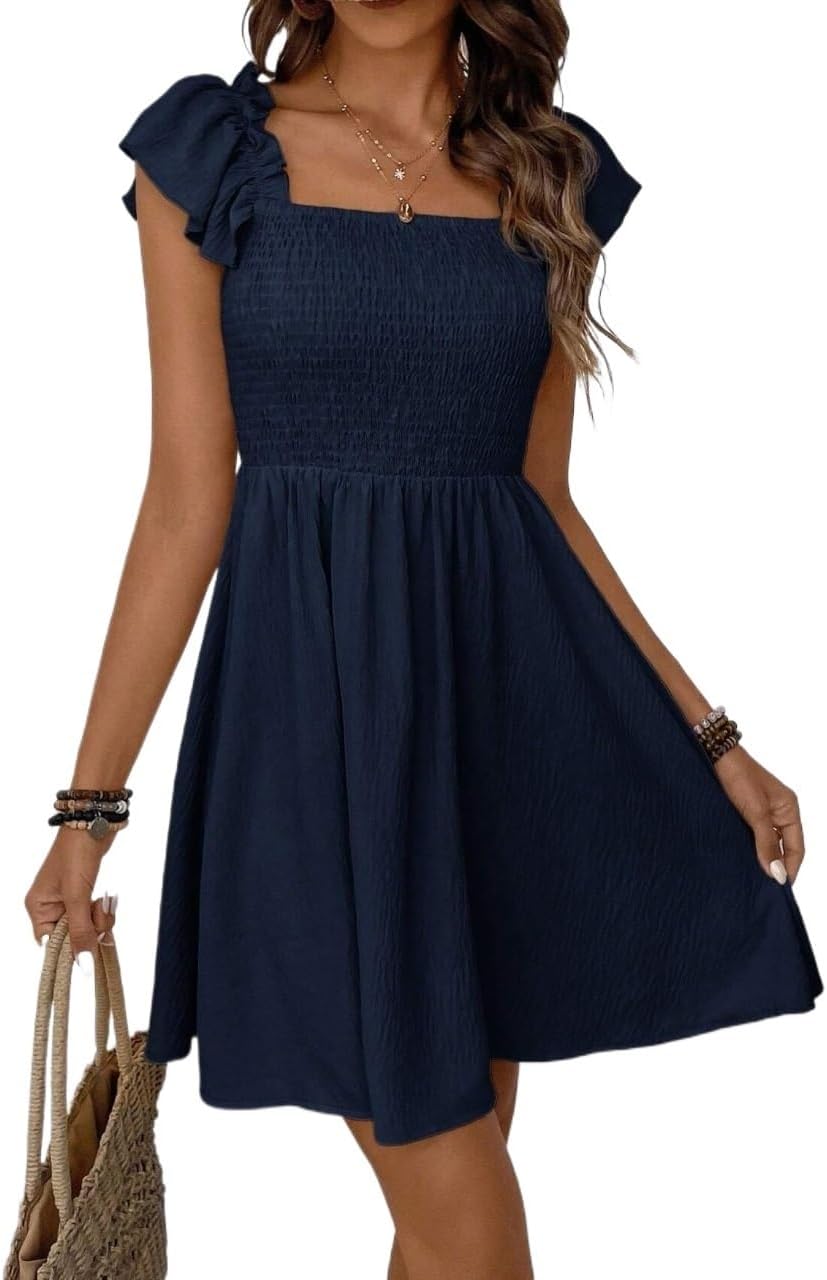 Women's Ruffle Short Dress Casual Boat Neck Cap Sleeve Summer Dress