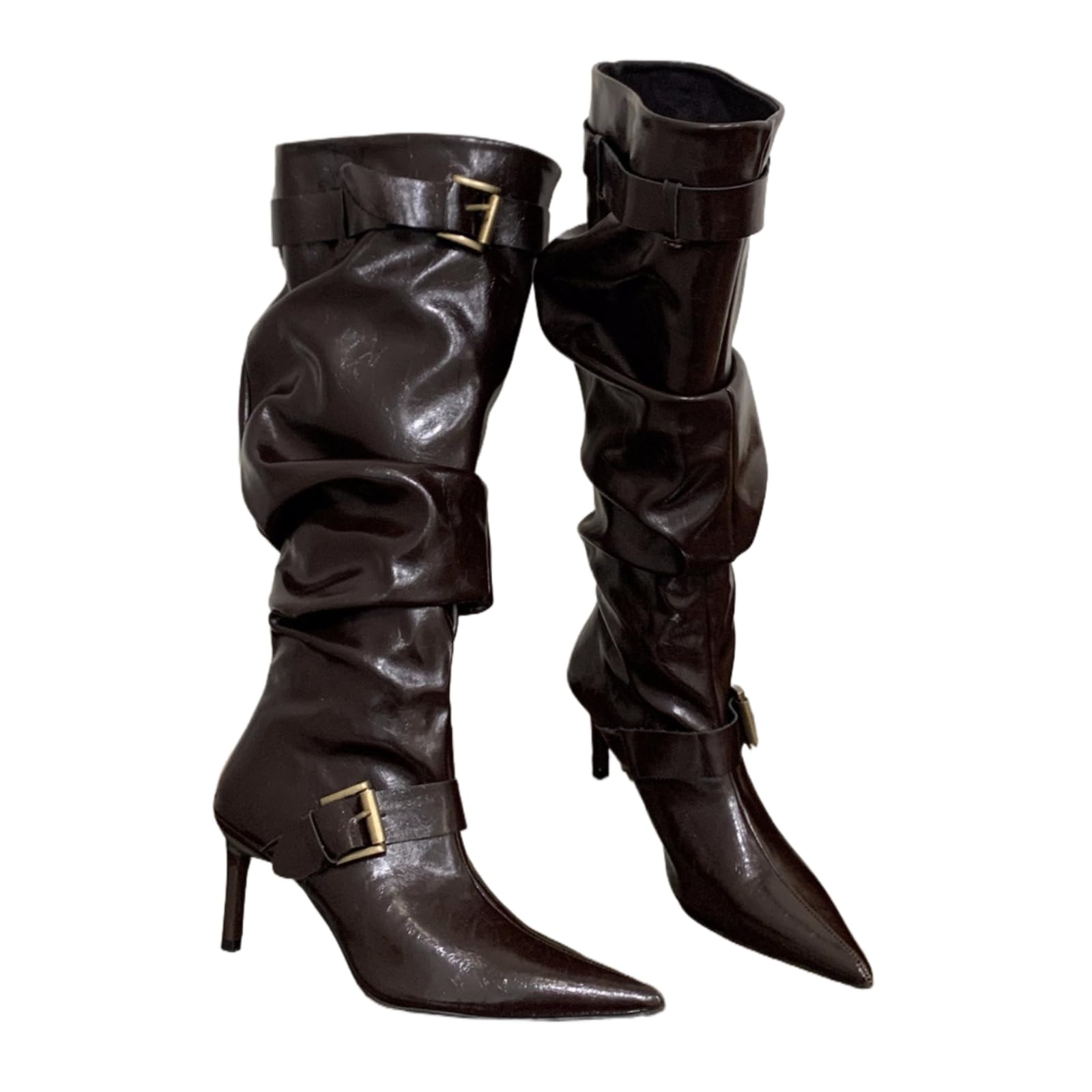 ZQW Womens Knee High High Heel Boots Pointed Toe Stiletto Heel Metal Buckle Motorcycle Riding Boot Slouchy Pleated