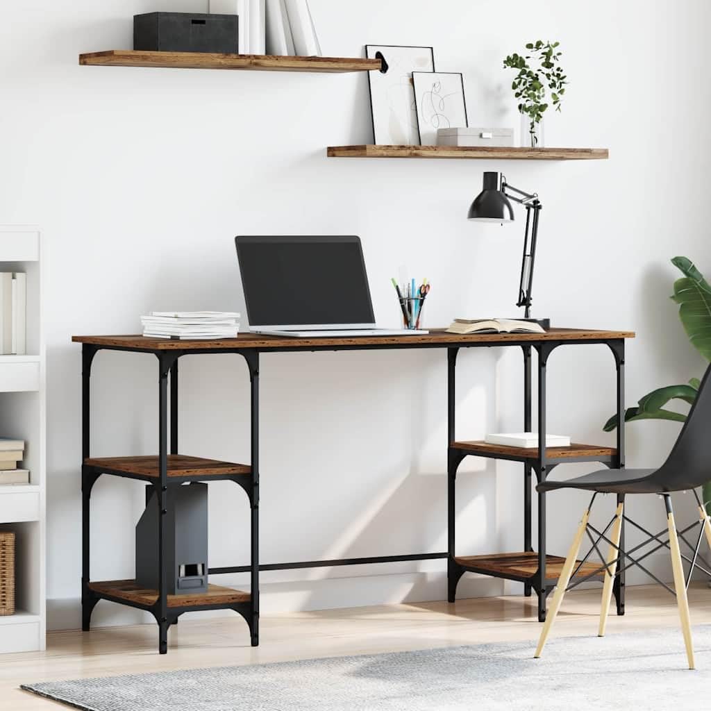 Scrivania con mensola in legno anticato, 140 x 50 x 75 cm, struttura in metallo, stabile, per ufficio, casa, ufficio, con spazio e ripiano per computer, PC, laptop, monitor da gioco