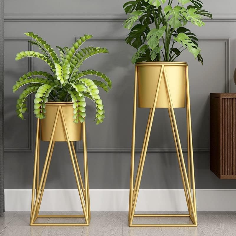 DIVINE DECO Planters for Indoor - Outdoor Plants & Modern Metal Floor Tall Plant Stand for Garden, Balcony & Living Room & Mid Century Plant Stands with Pots Set of 2 Flower Pots (Gold)