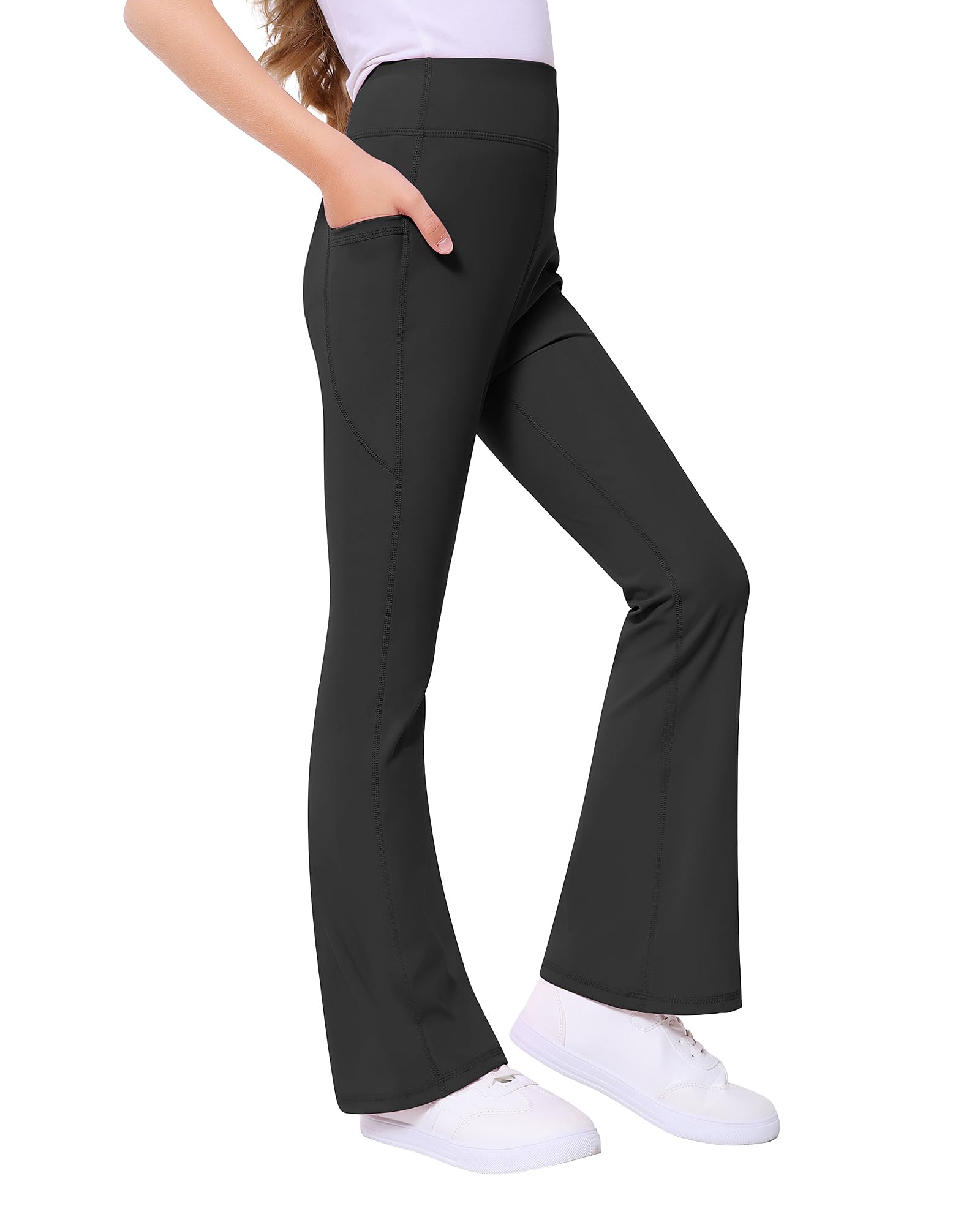 ANTLOOWW Sportleggings Mädchen Schlaghose Mädchen Sporthose mit 2 Taschen für Kinder Elastische Flared Leggings für Gymnastics Jogging,Training,Yoga