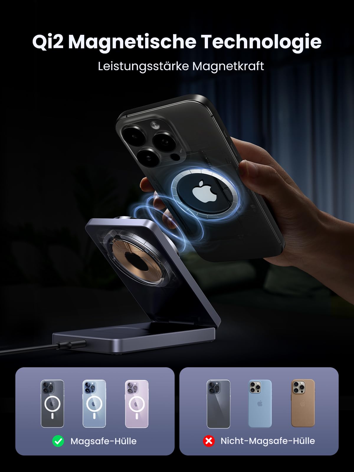 UGREEN MagFlow Qi2 15W 2-in-1 iPhone Faltbare Ladestation mit Magsafe