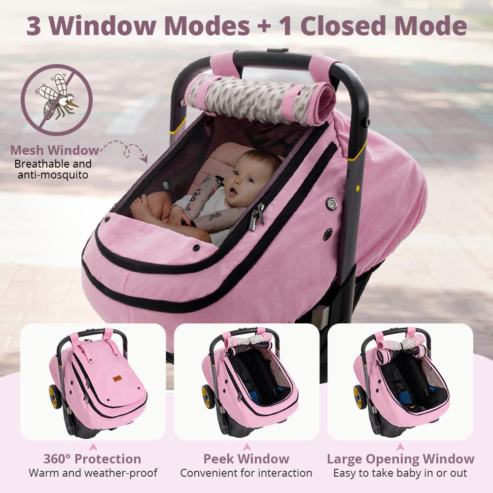 Bioby Waterproof Baby Car Seat Cover, Infant Car Seat Cover for Boy Girl, Roomy Cozy Windproof Sun Protection Baby Carseat Covers Canopy with Breathable Net and Holes, Universal Fitted, Pink - Image 6