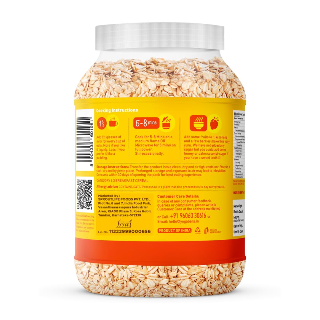 Yogabar 100% Rolled Oats 2kg Combo, 1kg Jar + 1kg Pouch | Gluten-Free, High-Fibre Wholegrain Oats | Nutritious Breakfast Cereal, Easy-to-Cook - Image 8 thumbnail