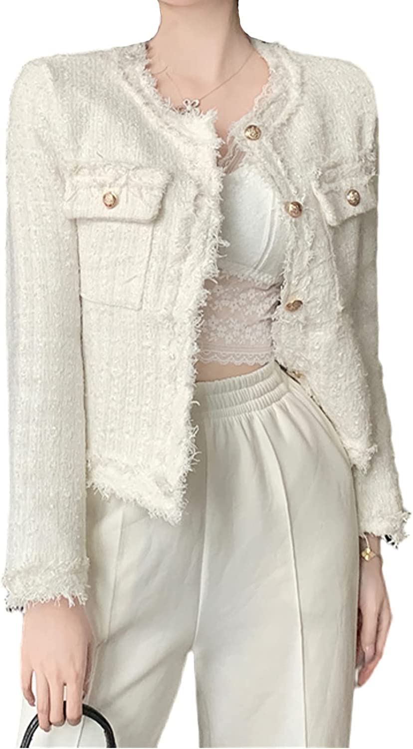 Vagbalena Las Mujeres de Cuadros Blancos Tweed Blazer con Bolsillos Elegante Delgado Trabajo de Oficina de Negocios a Corto Blazer sin Cuello Solapa Corte Chaqueta Chaqueta