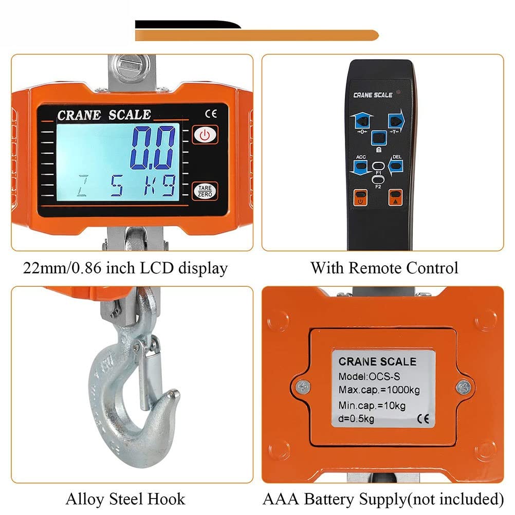 Wagi bagażowe do walizek Heavy Duty 1000kg 2200lbs Cyfrowa waga dźwigowa Heavy Duty Waga dźwigowa Aluminiowa cyfrowa waga wisząca Wyświetlacz LED,Wagi dźwigowe(Orange,500KG/200G)